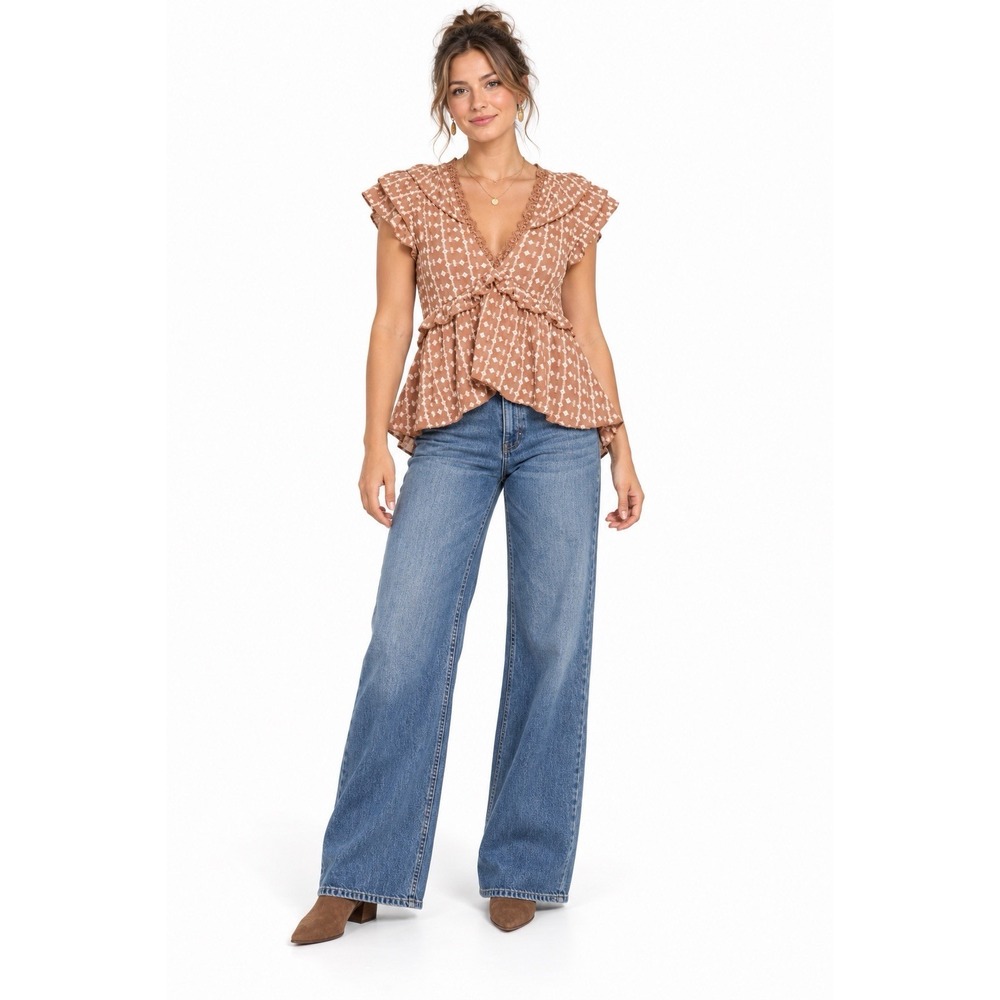 NWT Walter Baker Carole Peach Peplum Blouse M Ruffle Flutter Sleeve Fall Boho